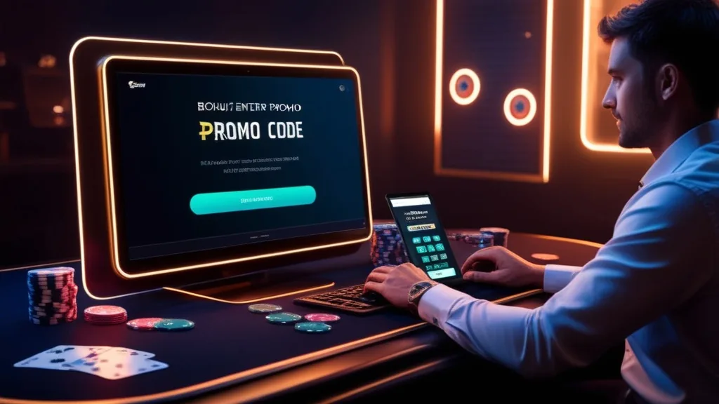 Játékos promóciós kódot ad meg egy sötét kaszinós regisztrációs felületen